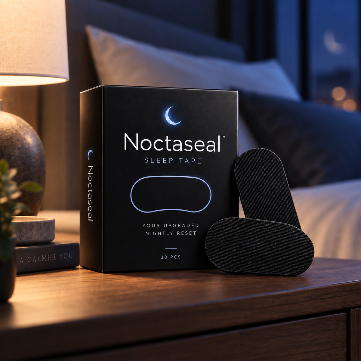 Noctaseal Sleep Tape box on a bedroom nightstand at night